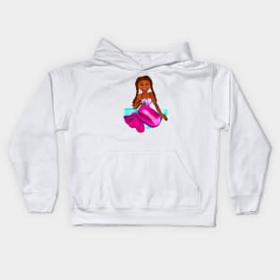 Anime mermaid holding a rare black pearl, brown eyes, Afro hair in two cane rows  and caramel brown skin - light background Kids Hoodie